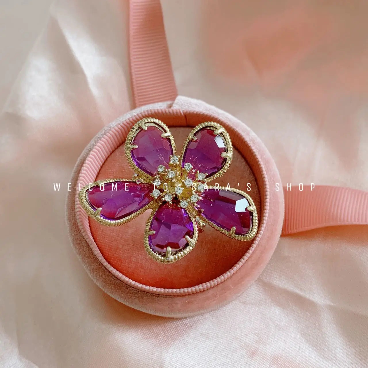 Personality Exaggerated Crystal Flower Ring Womanly Fashion Open Ring Women's Cocktail Party Luxury Jewelry Gifts Qme Red resizable