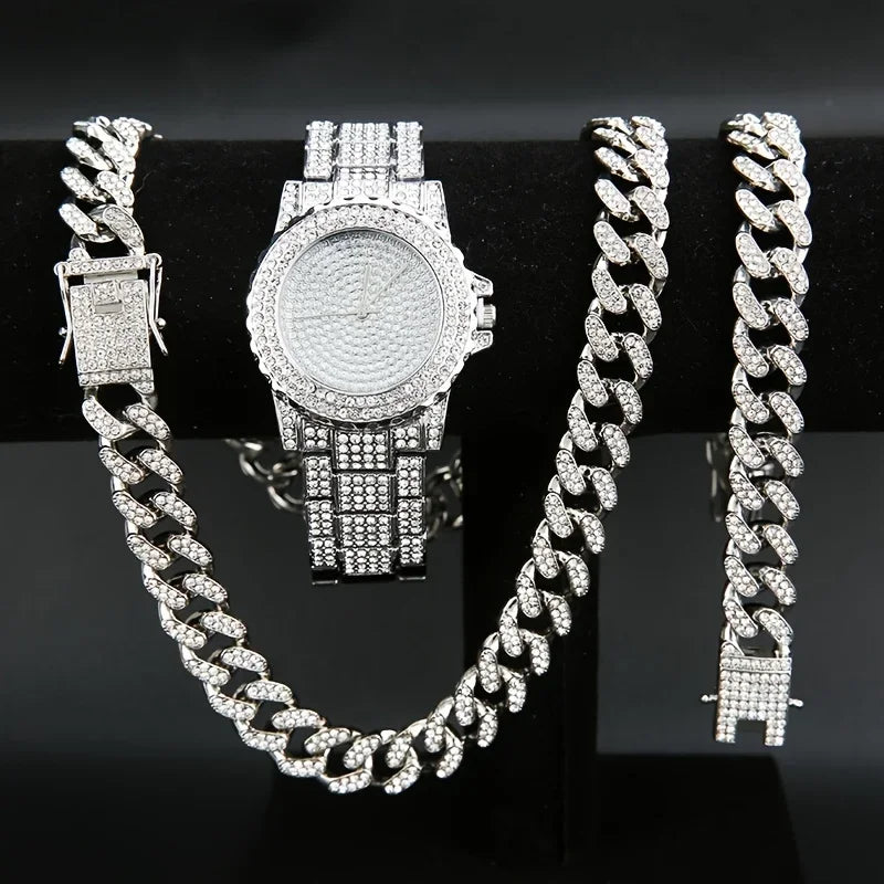 3pcs/set, Men's Rhinestone Wrist Watch & Necklace Bracelet Set, Couple Watch Gift Qme