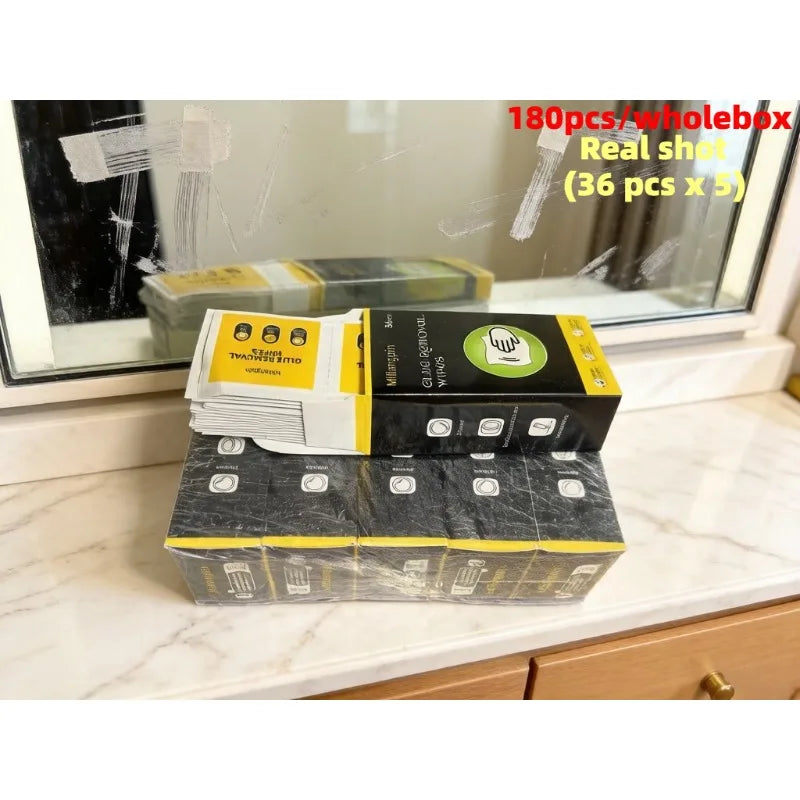 Disposable adhesive remover wipes, easily remove surface glue residue, individually wrapped. Material: non-woven fabric. Qme 180pcs