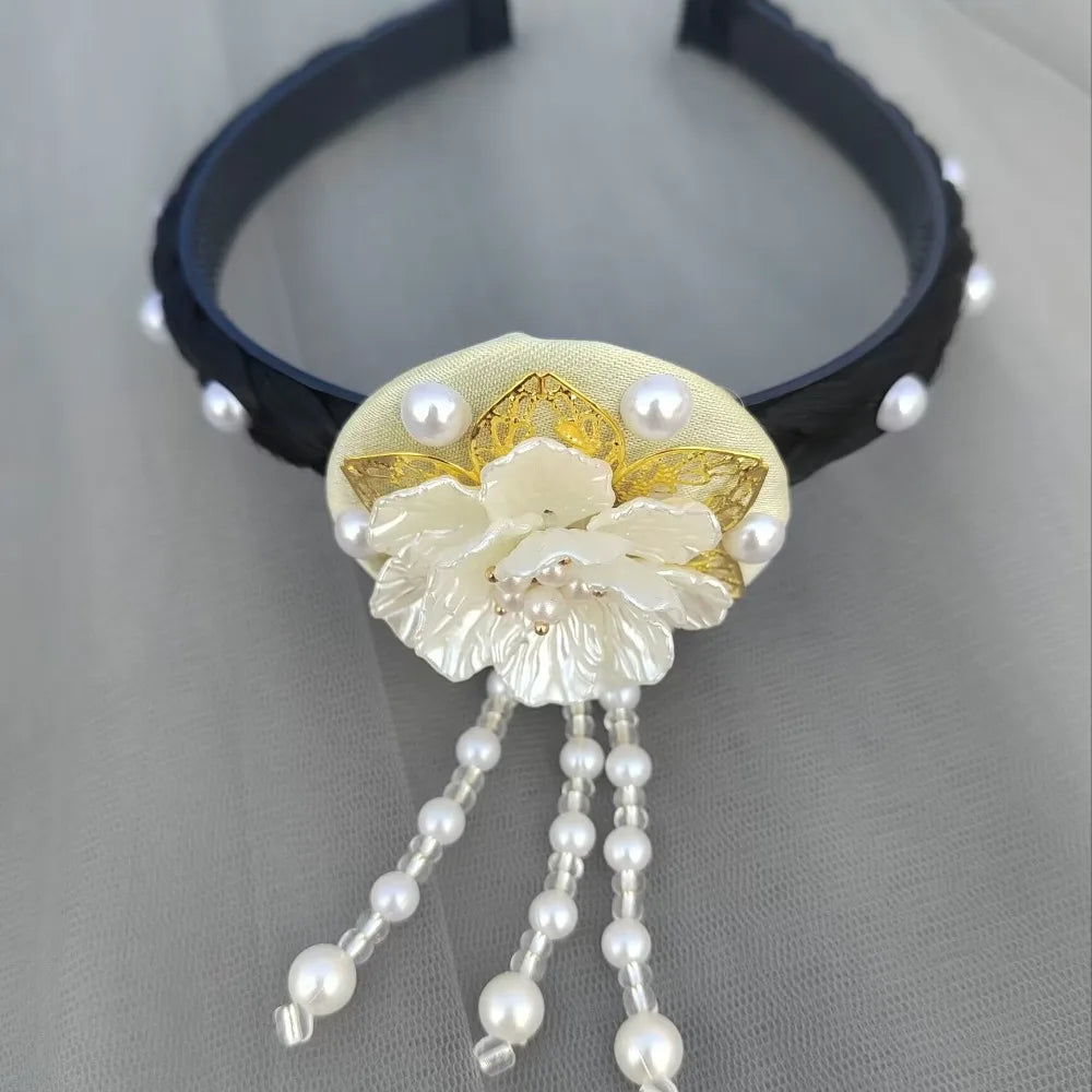 Fashion Flower Korean Headband Tassel Beaded Hanbok Hairband Pearl Qme Light Yellow