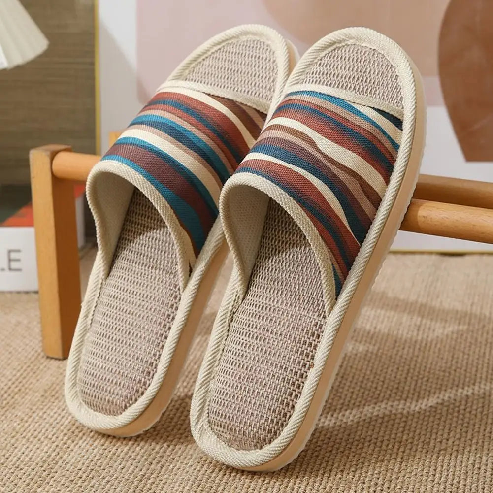 Four Season Couple's Multicolor Linen Slippers Women Indoor Striped Non-Slip Sandals Men Comfort Indoor Floor Breathable Slides Qme