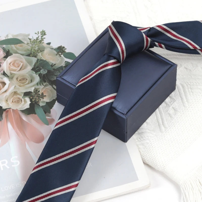 Mens Navy Blue Stripes Ties Luxury 6cm Skinny Necktie for Man Groom Jacquard Woven Neck Tie for Business Wedding Party Qme Navy Blue