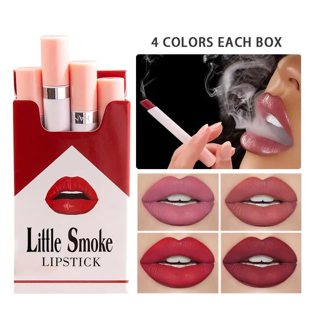 HANDAIYAN Set Of 4 Matte Lipstick Kit Cigarette Smoke Tube Lip Gloss Long Lasting Waterproof Nude Red Lip 24 Hour Lip Tint Stain Qme
