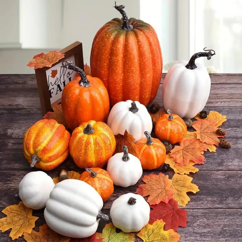 7PCS Multi-size Artificial Pumpkin Set for Halloween Decorations Rustic Fall Thanksgiving Centerpiece Table Ornaments Qme