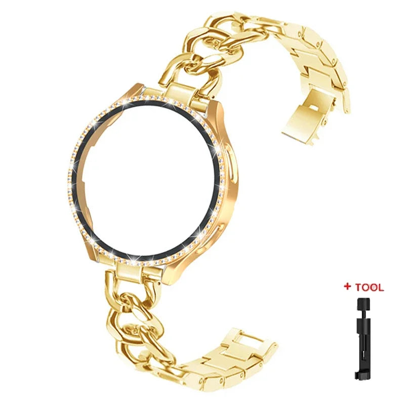 Bling Case+Bracelet for Samsung Galaxy Watch 6 5 4 40mm 44mm Metal Cowboy Chain Strap Screen protector Galaxy Watch 4 5 6 Band Qme Gold galaxy watch 5 44mm