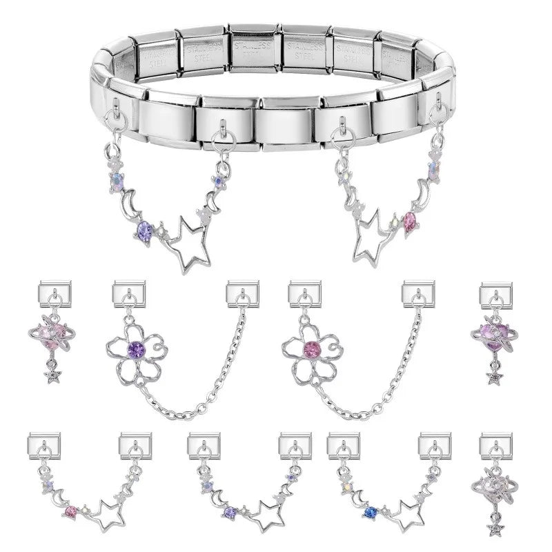 Women New Colorful Round Zircon Sliver Stars Flower Tassel Chain Italian Charm Fit 9mm Stainless Steel Bracelet DIY Jewelry Gift Qme