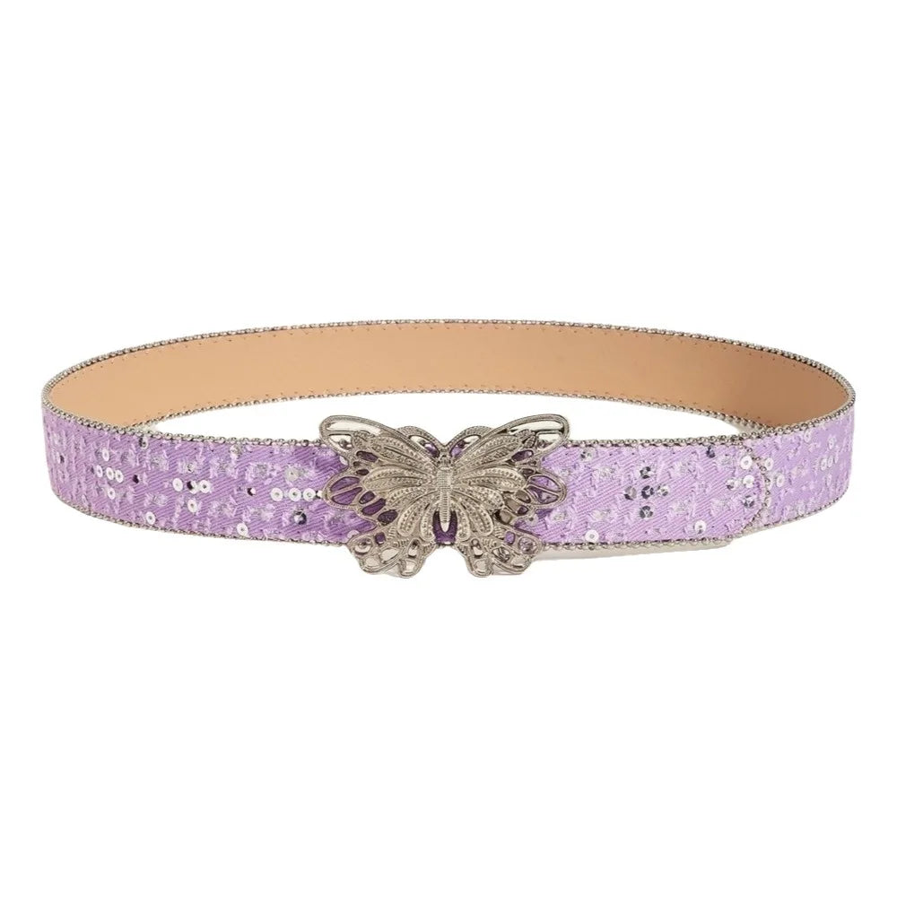 Fashion Sequins Butterfly Belt Y2K Hip Hop Wide Belt Punk Korean Style Denim Waistbands Daily Qme Purple