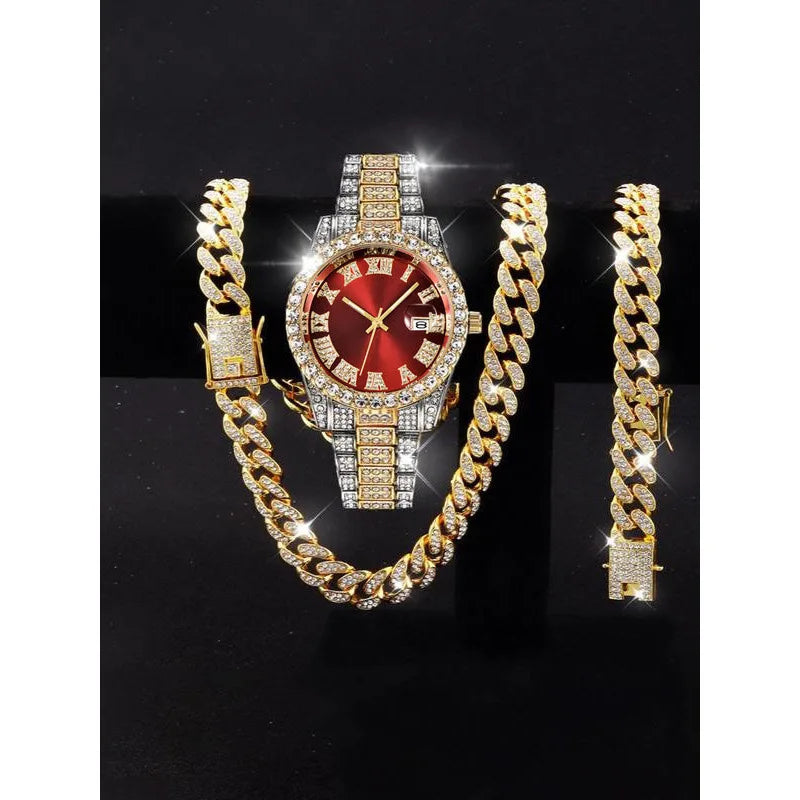 3-piece set hip-hop watch set with rhinestone bracelet and necklace, quartz Qme WHITE