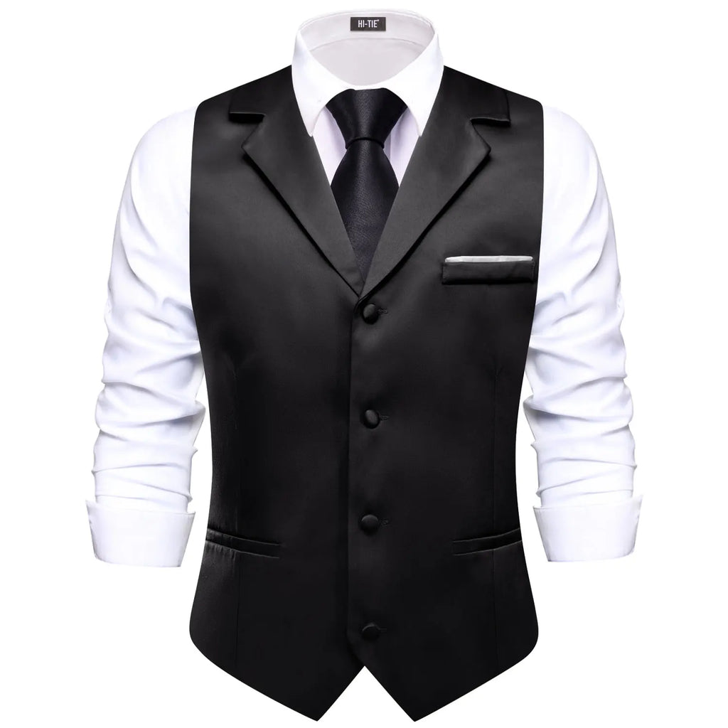 Hi-Tie Solid Black V-neck Men Vest With Tie Jacquard Tuxedo Dress Waistcoat Adjustable Jacket Casual Business Party Fashion Qme
