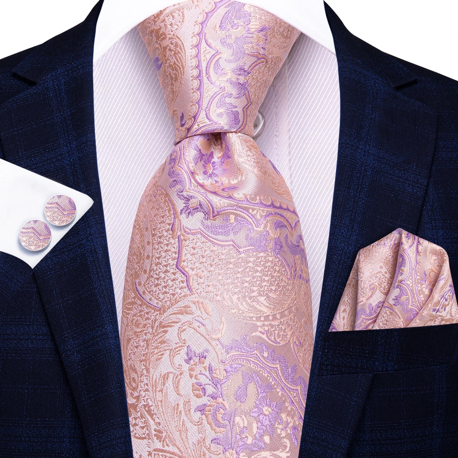 Hi-tie Floral Pink Purple Blue Men Elegant Necktie Handkerchief Qme HT-N-3981