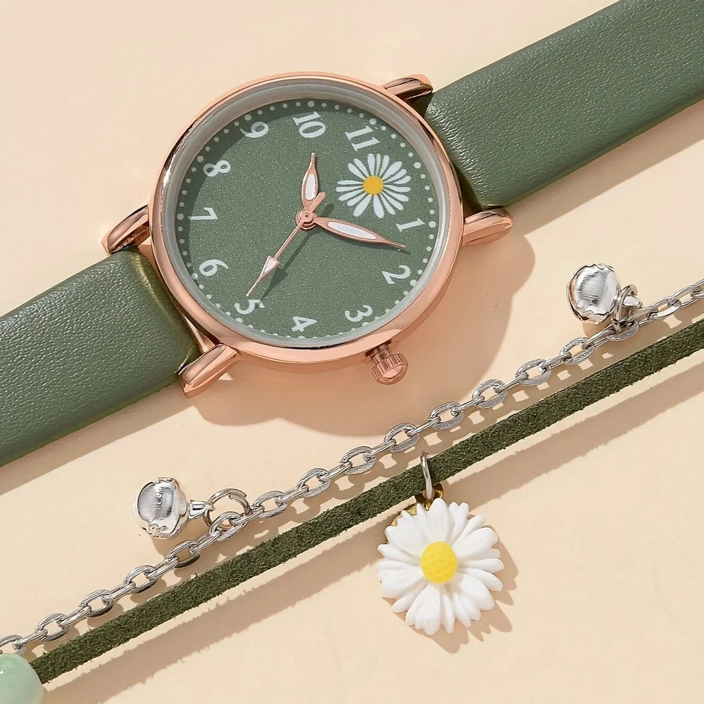 1pc Round Pointer Quartz Watch Cute Daisy Charm Electronic Wristwatch With PU Leather Strap & 1pc Bracelet, Best Gift For Her Qme