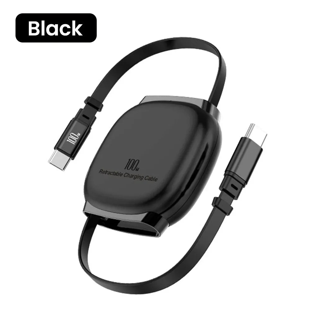 USB C 100W Fast Charging Retractable Cable Type C Mobile Phone Charge Wire Car Kit Portable PD 1M Charge Line For iPhone Realme Qme black 1m