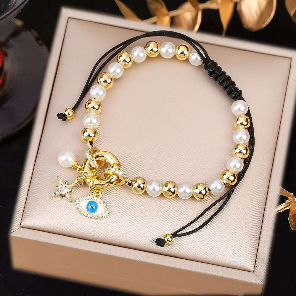 Black Rope Braided Pearl Evil Eye Copper Bead Chain Bracelet Personalized For Man Woman Birthday Holiday Jewelry Prayer Gift Qme E