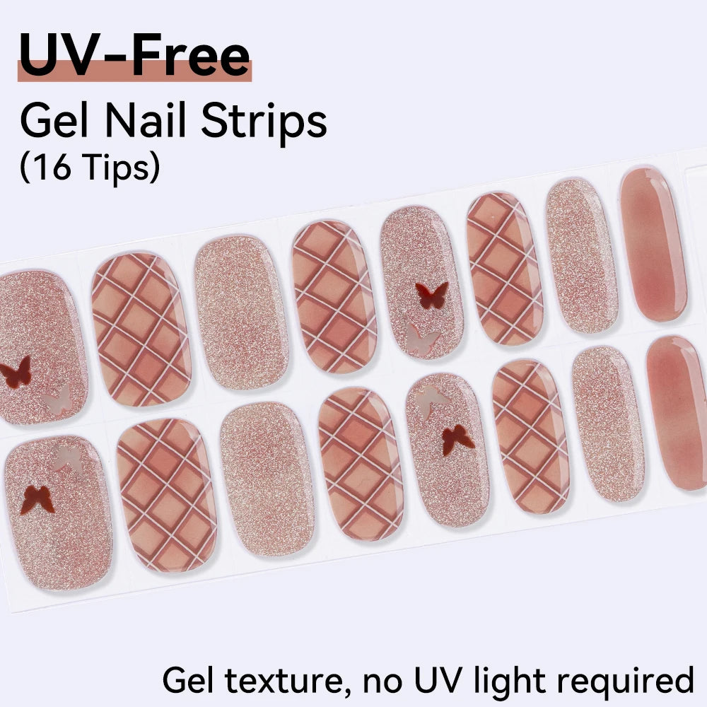 16Tips Pink Red French UV-Free Gel Nail Stickers Sparkly Shinning Qme CMK-0095