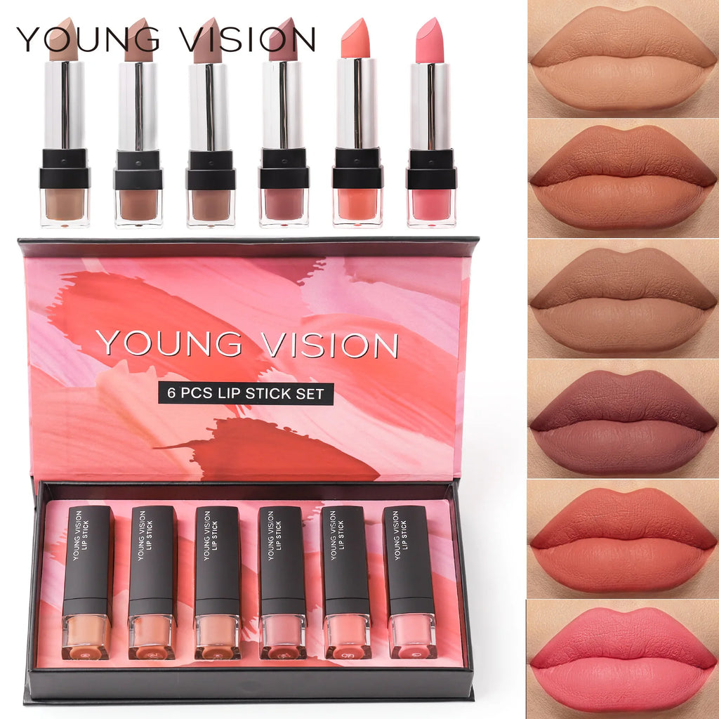 6 Pcs Velvet Matte Lipstick Set, Cotton Soft Silky Smooth Non Drying Lipstick, Long Lasting Waterproof Lip Makeup Gift Box Qme Set A