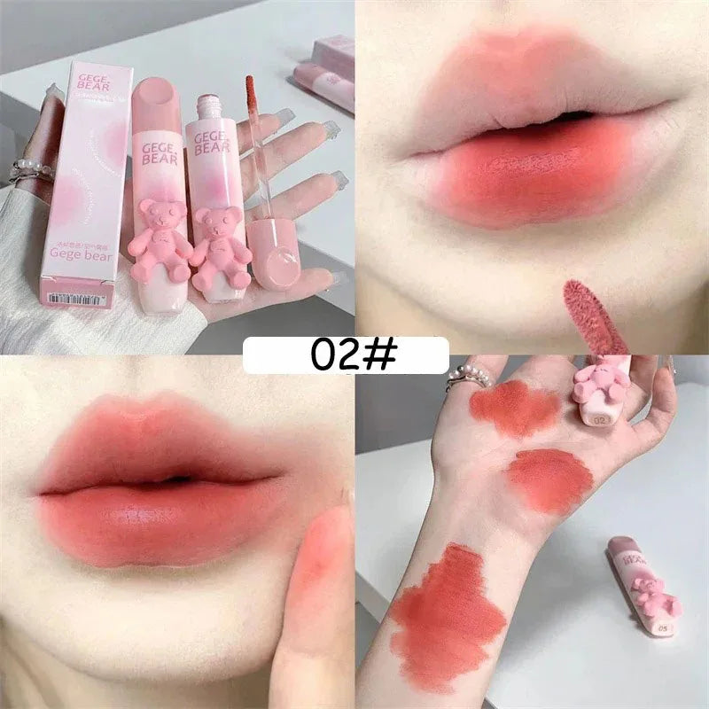 Cute Bear Lip Gloss Waterproof Long Lasting Non Fading Matte Lip Glaze Moisturing Non-marking Red Brown Velvet Liquid Lipsticks Qme 02
