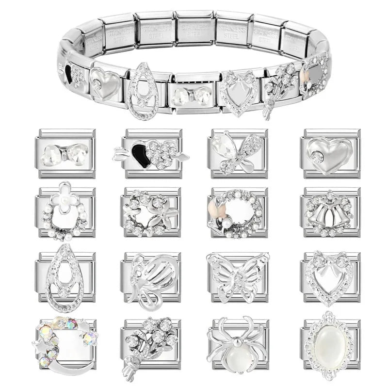 New Shiny Zircon Heart Bow Butterfly Bouquet Star Italian Charm Links Fit 9MM Stainless Steel Bracelet Girls' DIY Making Gift Qme
