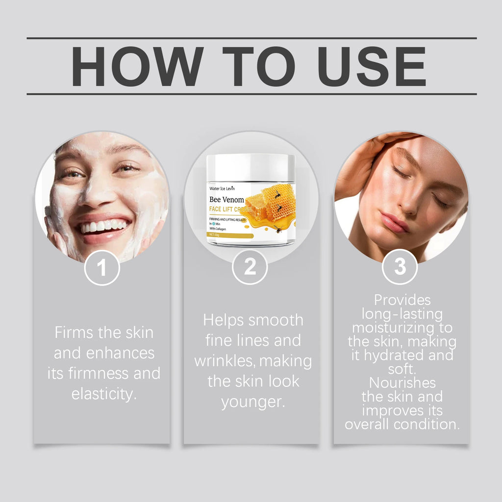 Bee Venom Skin Tightening and Lifting Cream, 50g - Moisturizes and Smooths Skin, Makes Skin Look Young and Radiant, Scented, Suitable for All Skin Types, Moisturizing Cream. | Glossy Skin Effect. Qme