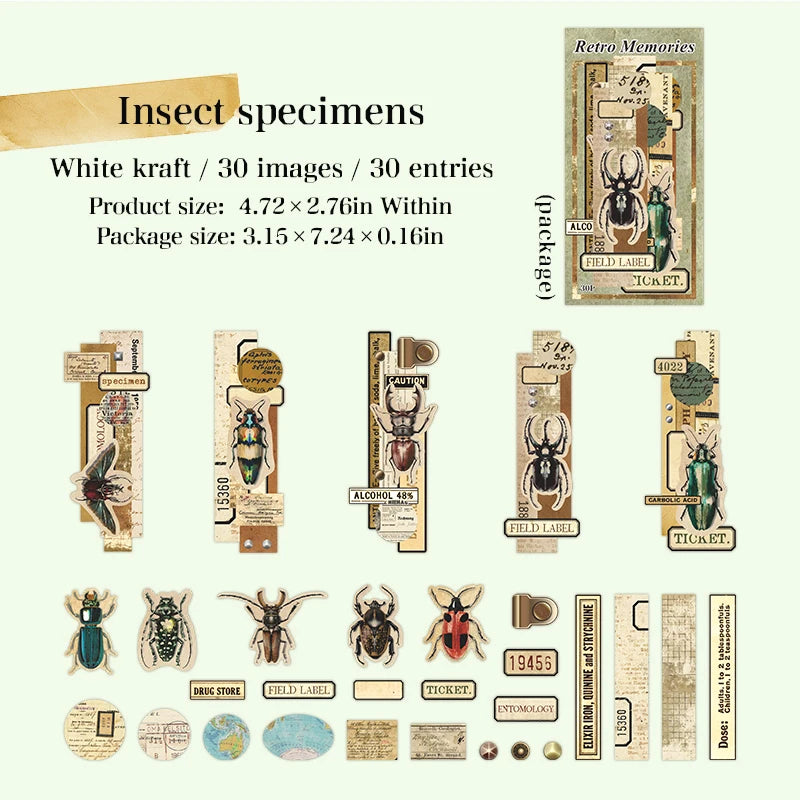 30 Sheets Vintage Memory Series Border Insect Collage Stickers for Scrapbooking DIY Frame Decals Computer Laptop Phone Luggage Qme 2