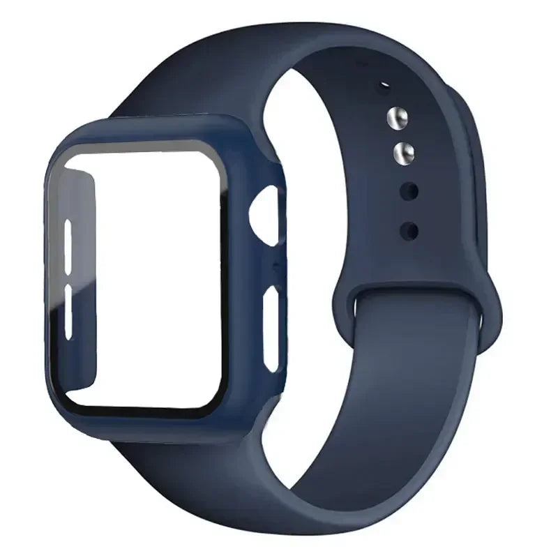 Glass+Case+Strap for Apple Watch Band 45mm 44mm 41mm 40mm 38mm 42mm Screen Protectors for Apple IWatch Series 9 8 7 6 SE 5 3 4 Qme Midnight-Blue 40mm