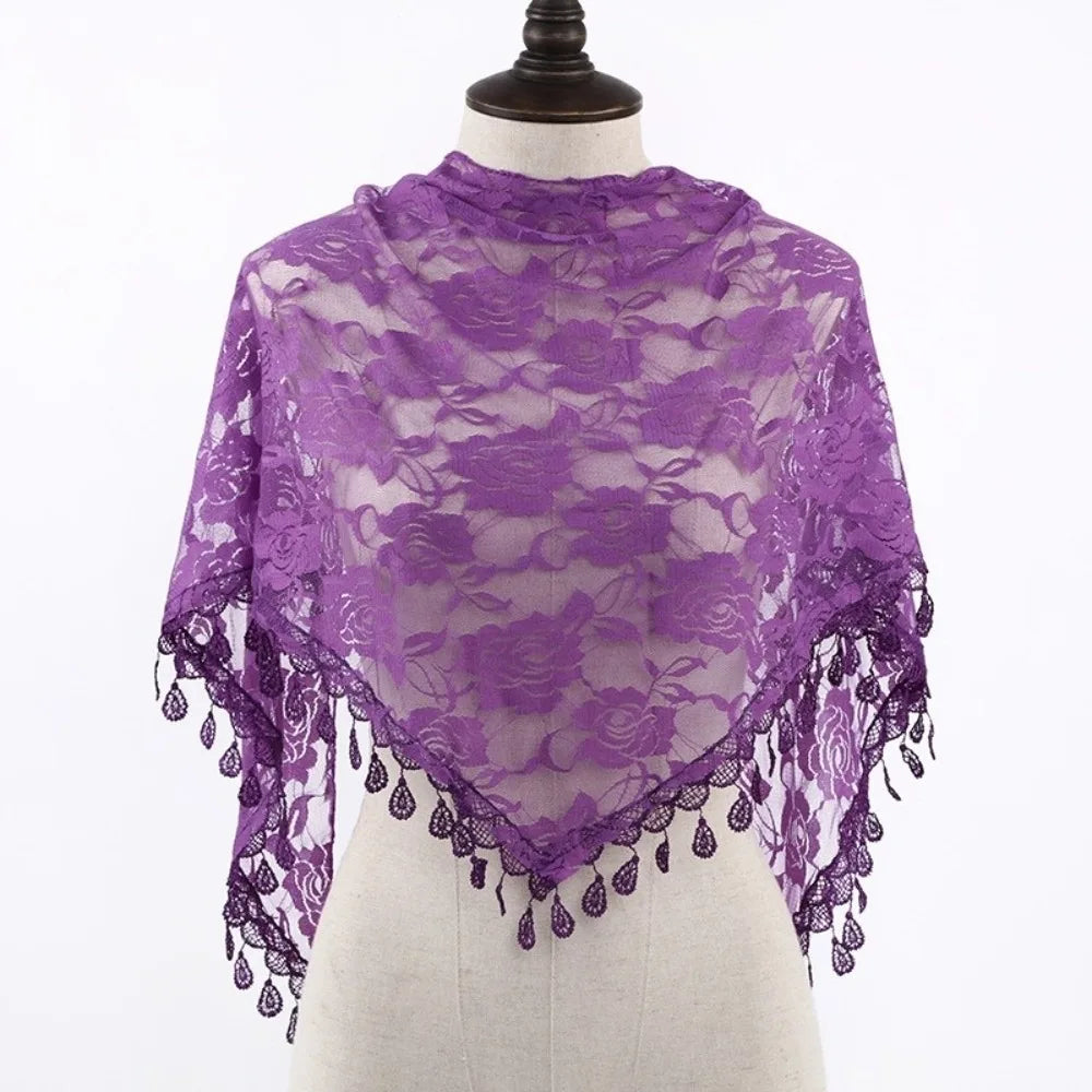 Sun Protection Lace Scarf Colorful Tassel Printed Wraps Hair Qme Purple