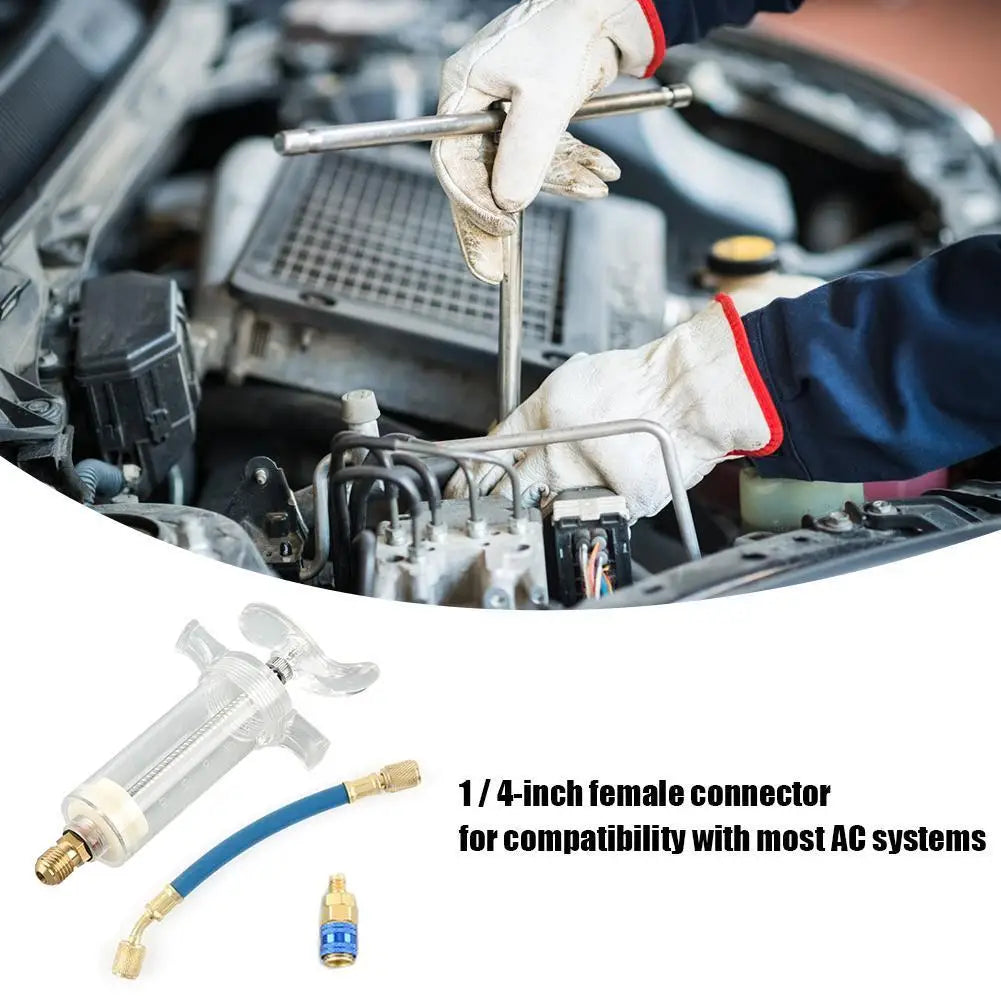 Car A/C Oil and Dye Injector 30ml with R-134a Low Side Quick Coupler Adapter 1/4" SAE Coolant Filling Tube Injection Tool Qme