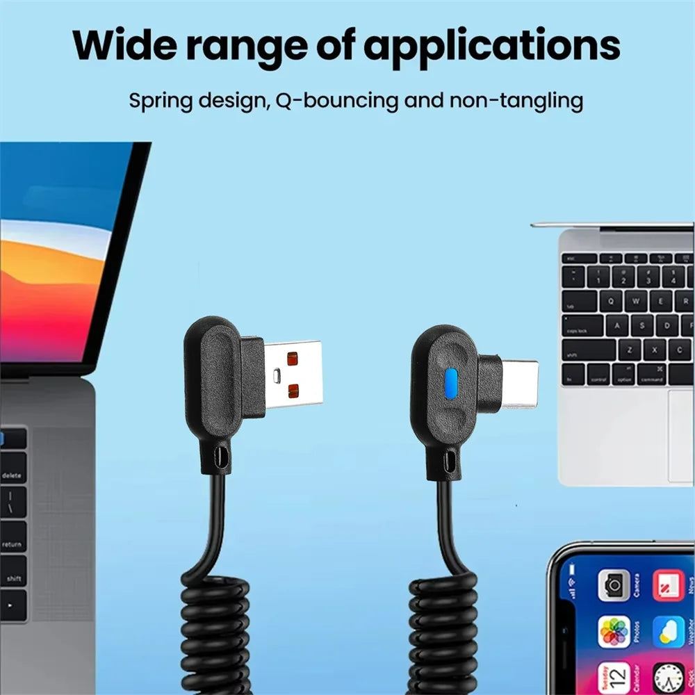 USB Type-C 90° Angle Elbow Fast Charging Spring Data Cable Spiral Coiled Retractable Data Cord Quick Charge For Huawei Samsung Qme