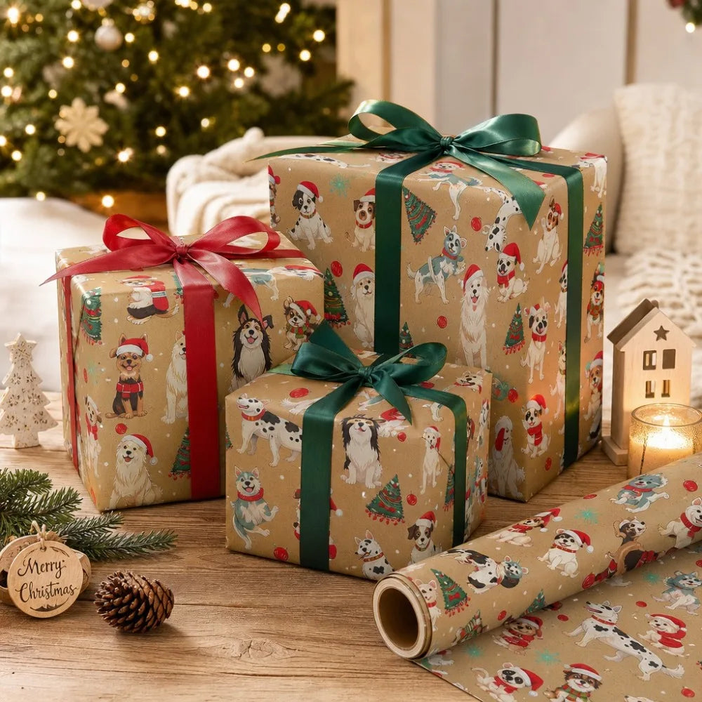 1 Roll of Christmas Gift Wrapping Paper with Cute Dog Patterns Featuring Santa Hats, Scarves, and Christmas Trees, Made of Kraft Qme