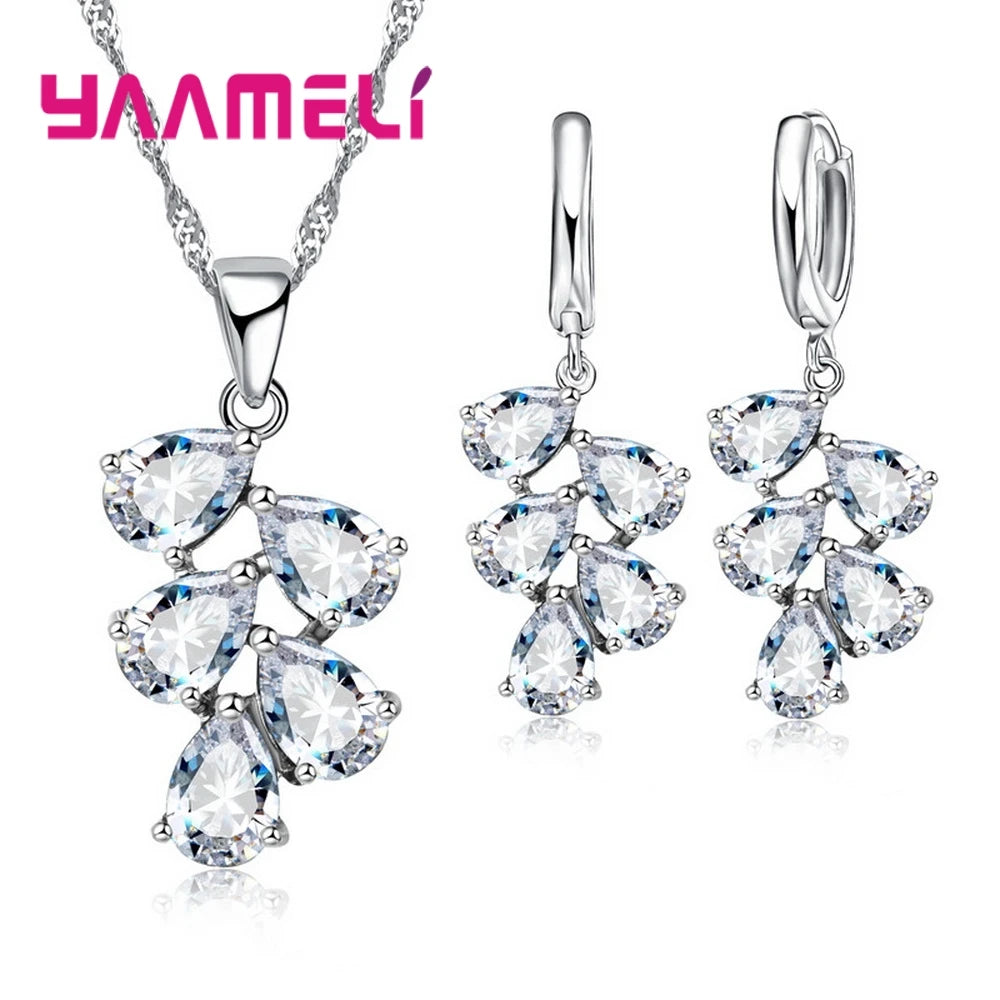 Anniversary Gift For Women Trendy 925 Sterling Silver Color Jewelry Sets Cubic Zirconia Pendants Necklaces Charm Hoop Earrings Qme White
