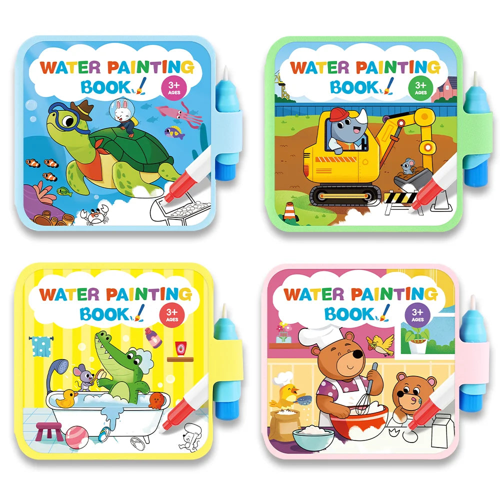 Reusable Water Drawing Doodle Book with Magic Pen, Kids Coloring Drawing Board, Early Educational Toy, Birthday Gift for Kids Qme 4-Piece Set