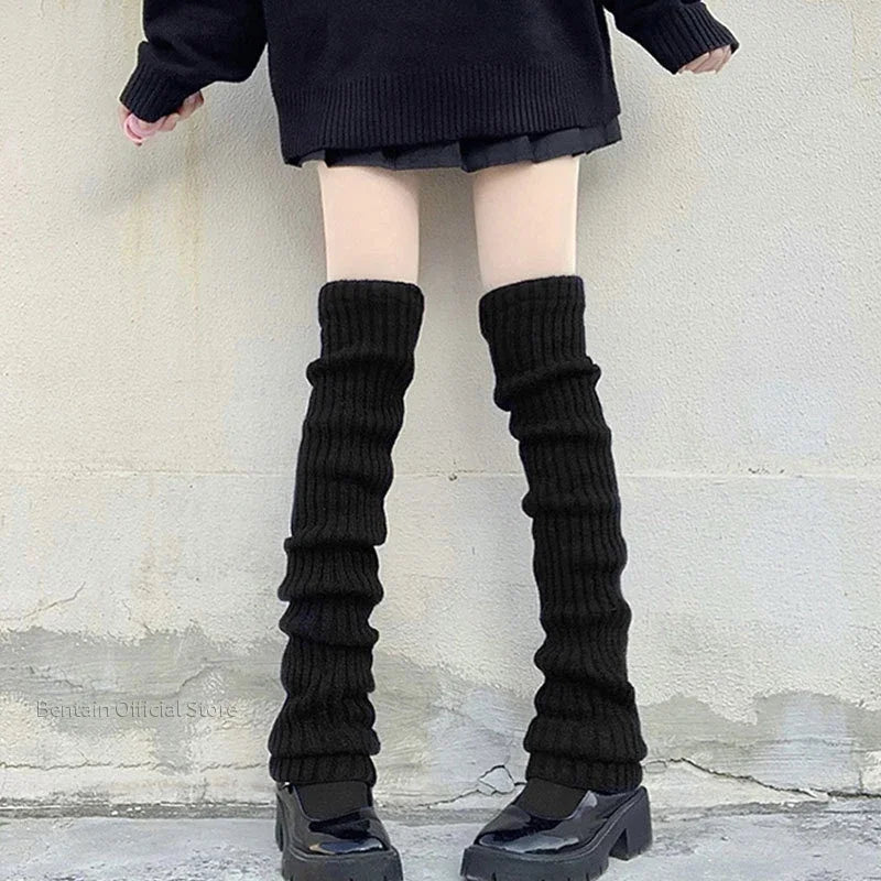 Women's Leg Warmers Lolita Long Socks JK College Knitted Warm Autumn Qme Black 70CM One Size