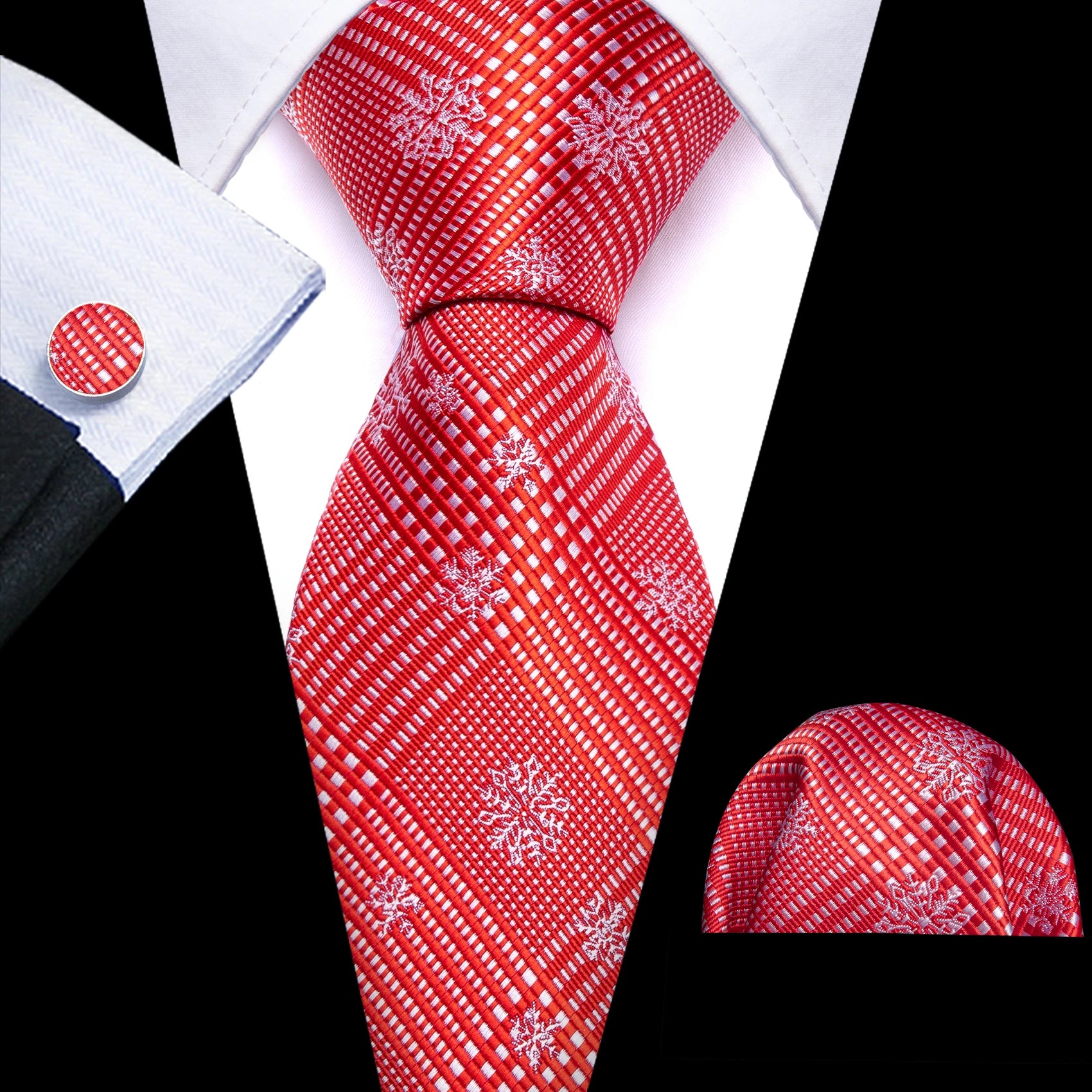 Christmas Red Tie Set 3 Pieces Men Necktie Pocket Square Cufflinks Xmas Wedding Party Suit Accessories Gifts for silk Boyfriend Qme