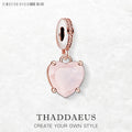Rose Stone Heart Pendant Dangle Charms DIY Jewelry Romantic 100% 925 Sterling Silver Love Gift Qme Ring