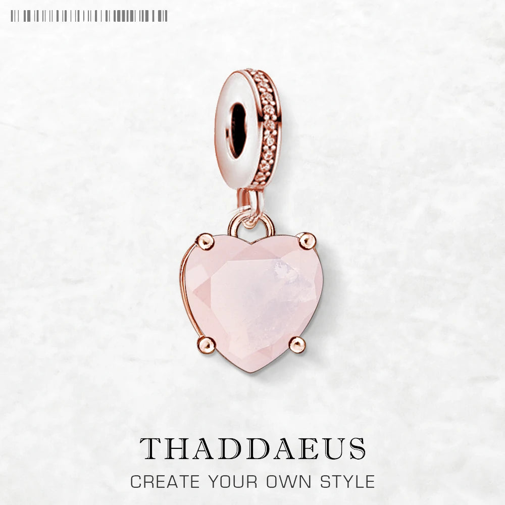 Rose Stone Heart Pendant Dangle Charms DIY Jewelry Romantic 100% 925 Sterling Silver Love Gift Qme Ring
