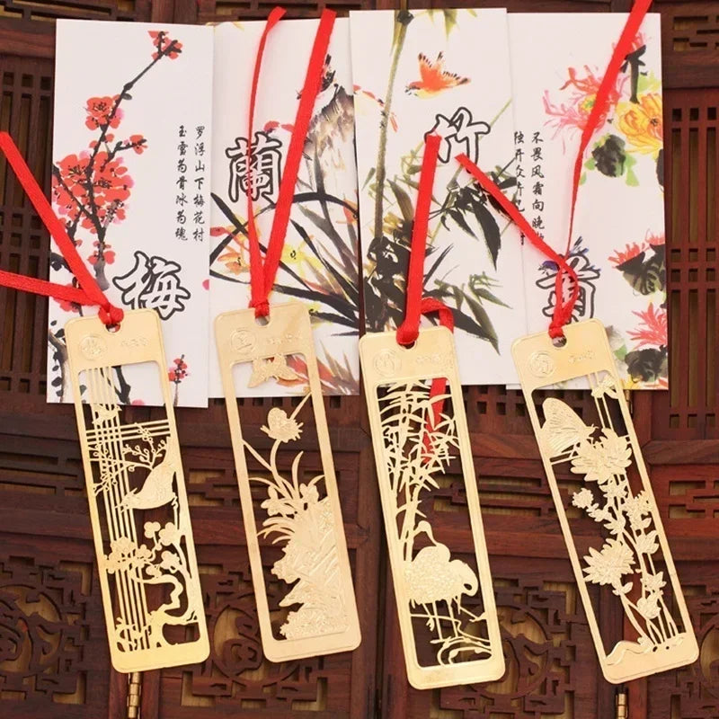 Chinese Style Bookmarks Creative Metal Hollow Out Metal Book Mark Tasse With Red Knot For Kids Students Gifts School Supplies Qme