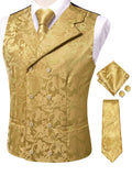 Elegant Golden Yellow Red Floral Jacquard Waistcoat Men Perfect Qme HT-MJ-0086 M