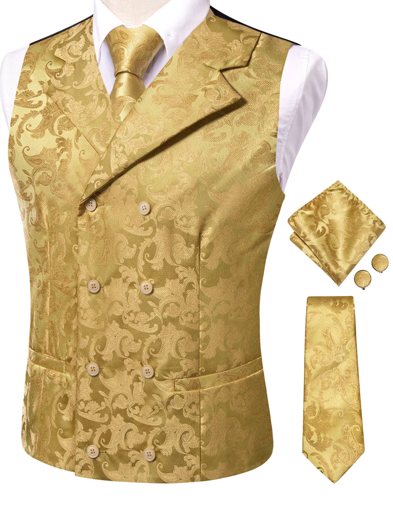 Elegant Golden Yellow Red Floral Jacquard Waistcoat Men Perfect Qme HT-MJ-0086 M