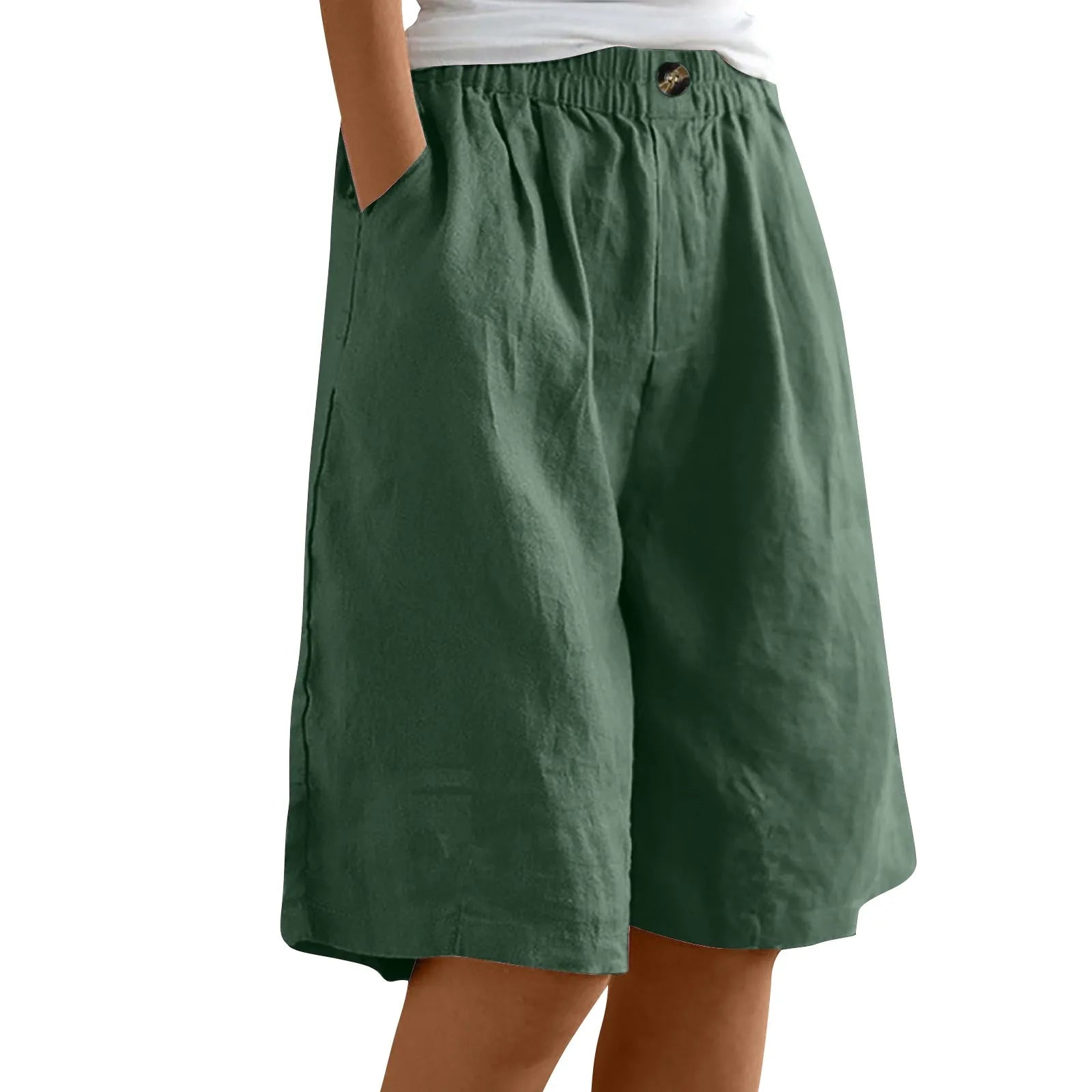 Female Fashion Solid Color Elastic High Waist Pocket Button Up Loose Cotton Linen Five Length Shorts Summer Soft Comfort Pants Qme