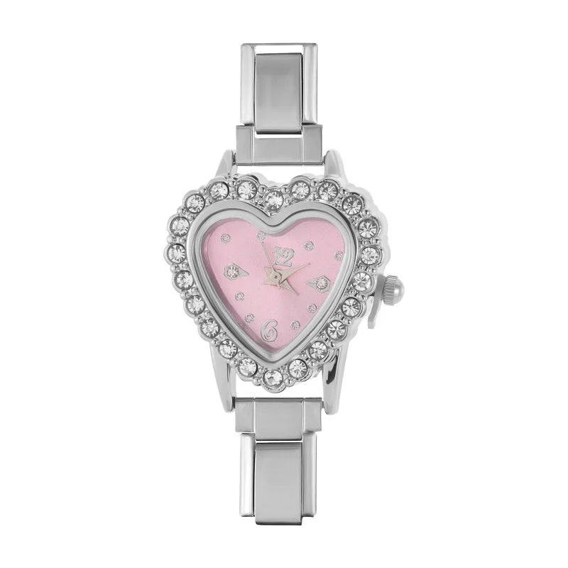 Men Womens Stainless Steel Arabic Numerals Heart Shape Shiny CZ Watch