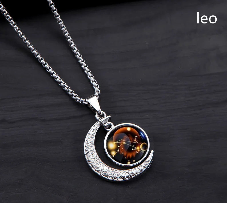 12 Constellation Luminous Necklace Zodiac Signs Jewelry Crescent Moon Pendant Glow In The Dark Necklace Birthday Gifts Unisex Qme Leo