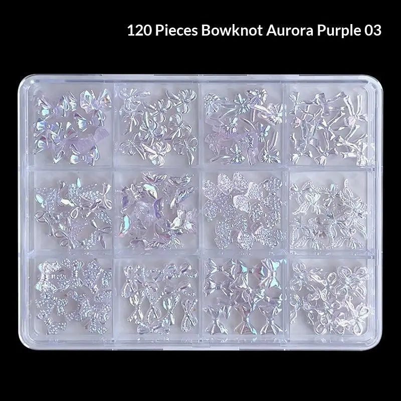 120 Iridescent Aurora Bow Nail Charms Clear Storage Box Perfect DIY Qme Purple