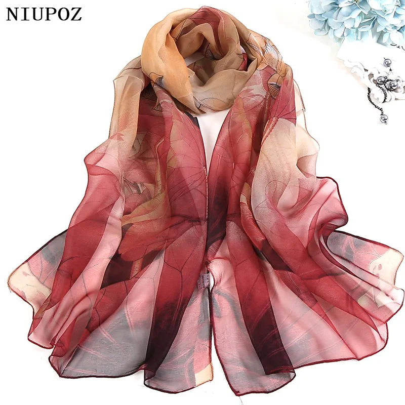 Painting Lotus Beach Sun Protection Chiffon Georgette Scarf Women Foulard Scarf Shawls Female Long Wraps Beach Sunscreen Hijab Qme QI1-1