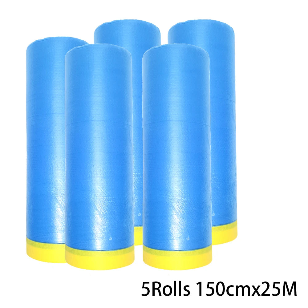 5 Rolls Masking Film for Painting Pre-Taped Drop Cloth PE Film Automotive Paint Coverage Sheet for Kitchen Fume Furniture Dust Qme 5 Rolls