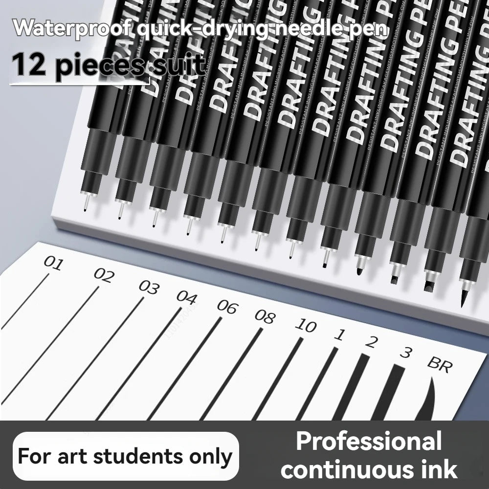 12Pcs Art Manga Outlining Pen Pigment Liner Micron Pen Black Marker for Artist Illustration,Sketching,Anime Technical Drawing Qme