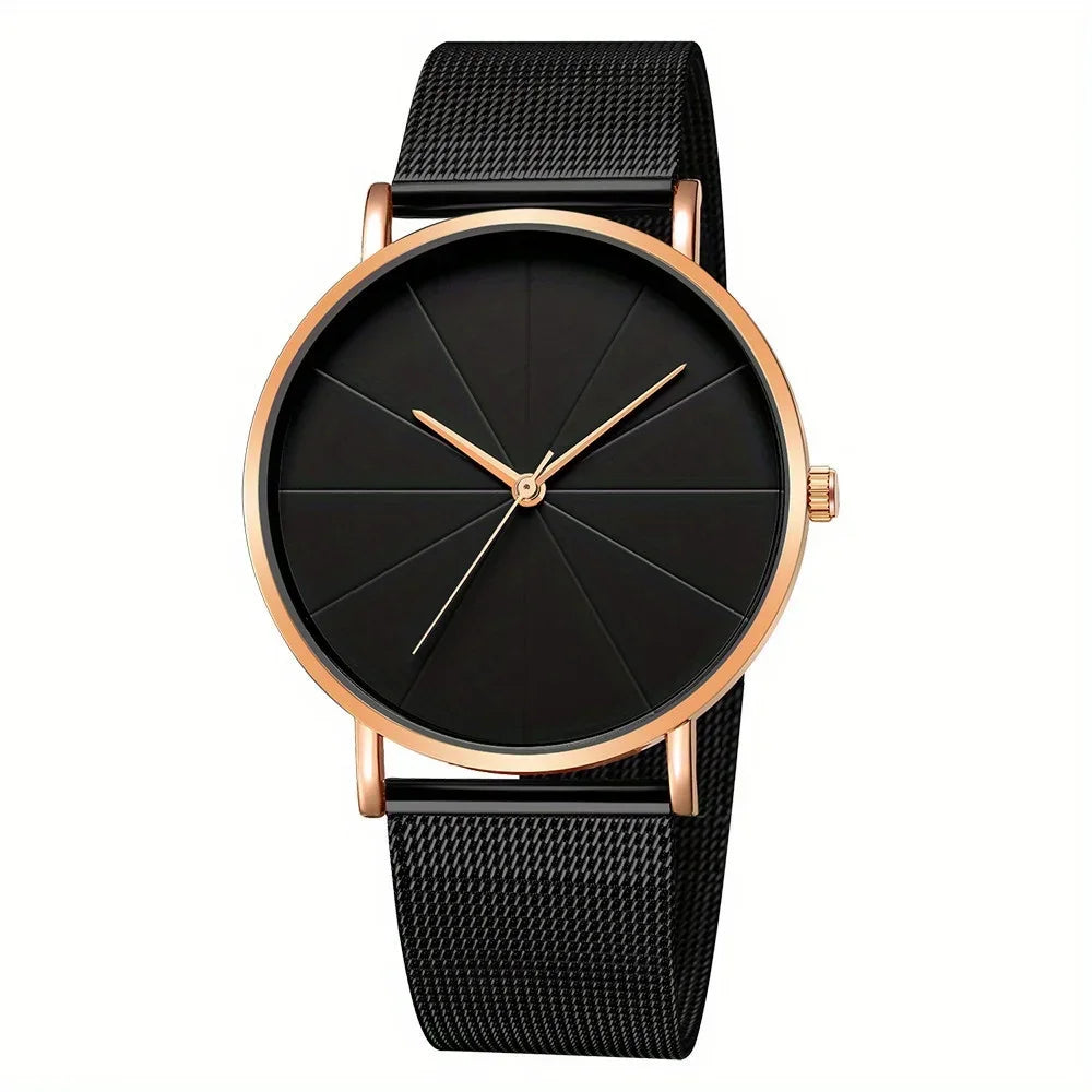 Casual Round Pointer Quartz Watch Large Geo Dial Analog Mesh Strap Wristwatch For Women Men Qme Ivory No