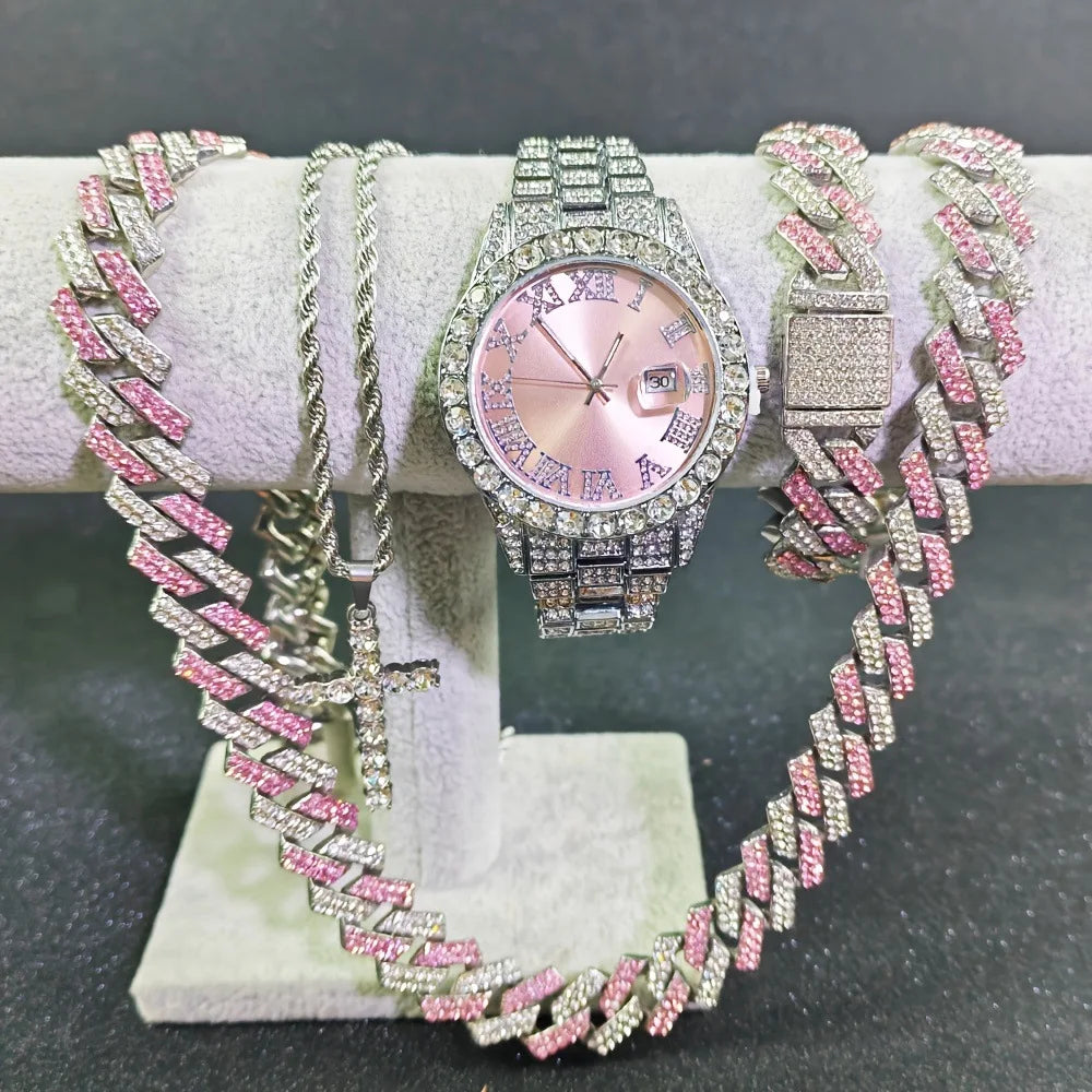 Men's Bling Jewelry Set: Two-tone Iced Out Watch + Blue Diamond Cuban Chain + Bracelet + Cross Pendant Necklace, 4Pcs Hip Hop Se Qme Coffee