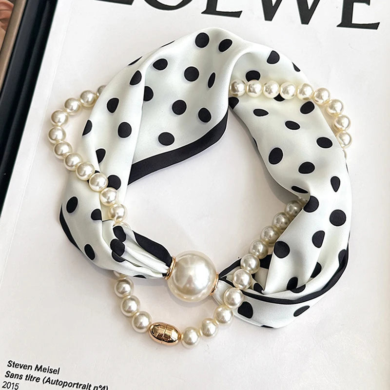 Magnetic Narrow Elegant Satins Neck Scarf Wrap Pearls Chain Necklace Qme