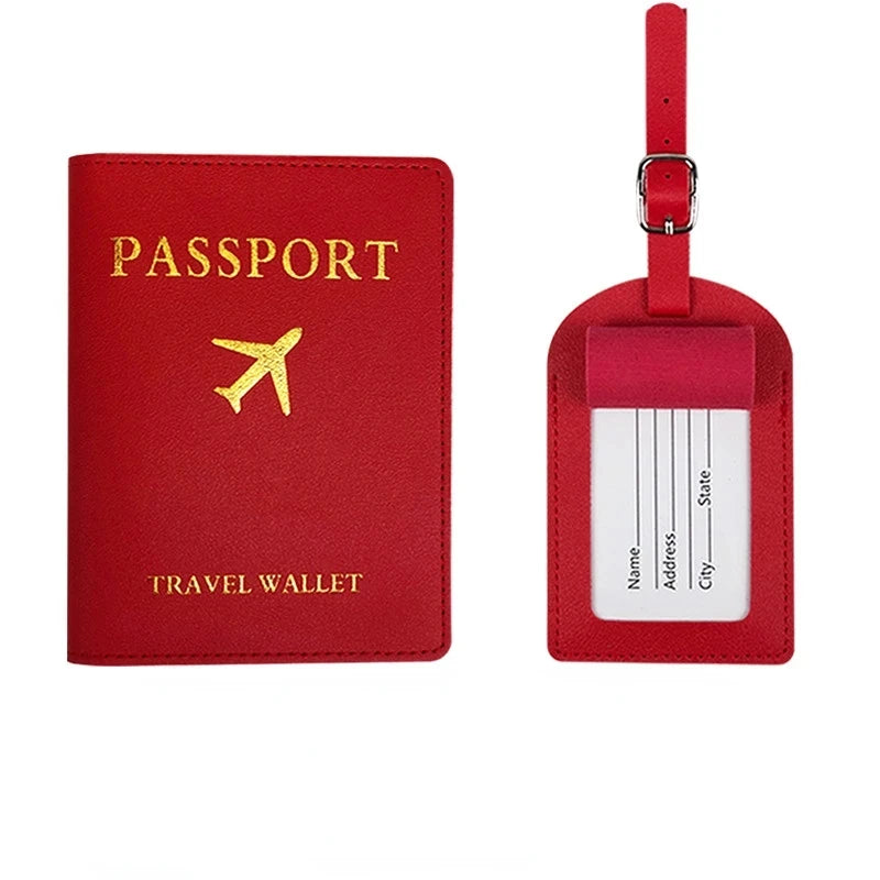 PU Leather Luggage Tag Passport Holder Set Passport Protective Cover Travel Portable ID Credit Card Holder Travel Accessories Qme Red