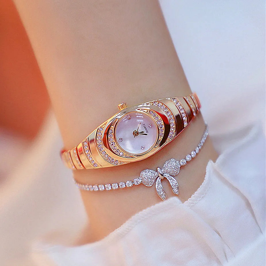 Ladies Quartz Wrist Watches Dress Watch Women Crystal Diamond Watches Gold Silver Clock Women Montre Femme Qme Rose gold set
