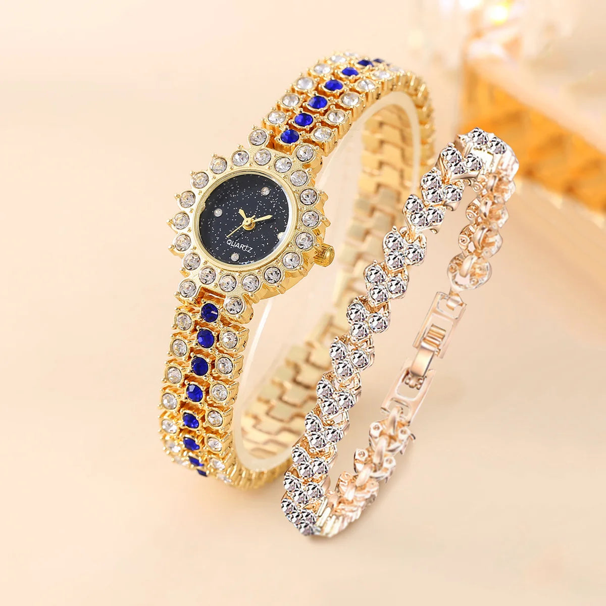 2pcs/set 1pc Ladies Fashion Rhinestone Roman Steel Strap Quartz Watch 1pc Heart Rhinestone Bracelet Set Qme Rose